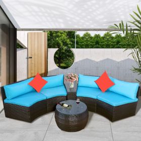 4-Piece Patio Furniture Sets; Outdoor Half-Moon Sectional Furniture Wicker Sofa Set with Two Pillows and Coffee Table; Blue Cushions+Brown Wicker