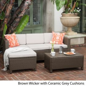 Lorita Outdoor 5-piece Brown Wicker Sectional Sofa Set with Beige Cushions