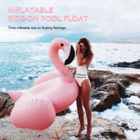 Giant inflatable flamingos ride on floating objects in the swimming pool; equipped with fast valve swimming rafts; suitable for summer party decoratio