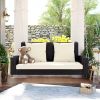 GO 2-Person Wicker Hanging Porch Swing with Chains; Cushion; Pillow; Rattan Swing Bench for Garden; Backyard; Pond. (Brown Wicker; Beige Cushion)