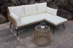 3PCS Outdoor Patio Balcony L Shape Natural Color PE Wicker Sofa Set with Beige Cushion; Round Tempered Glass Table and Furniture Cover