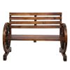 Rustic 2-Person Wooden Wagon Wheel Bench with Slatted Seat and Backrest XH