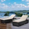 Outdoor Garden 3 Piece Wicker Patio Chaise Lounge Set Adjustable PE Rattan Reclining Chairs with Cushions and Side Table.