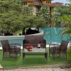 Patio Furniture 4 Pieces Conversation Sets Outdoor Wicker Rattan Chairs Garden Backyard Balcony Porch Poolside loveseat with Glass Coffee Table; Brown