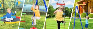 4 in 1 Outdoor Toddler Saucer Swing Set for Backyard; Playground Tree Swing Sets with Steel Frames; Climbing Rope with Disc Tree Swing Playset and Bas