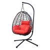 Outdoor Rattan Hanging Oval Egg Chair in Stock; 37"Lx35"Dx78"H (Red)