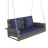 GO 2-Person Wicker Hanging Porch Swing with Chains; Cushion; Pillow; Rattan Swing Bench for Garden; Backyard; Pond. (Gray Wicker; Blue Cushion)