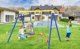 4 in 1 Outdoor Toddler Saucer Swing Set for Backyard; Playground Tree Swing Sets with Steel Frames; Climbing Rope with Disc Tree Swing Playset and Bas