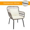 3-Piece Patio Wicker Conversation Bistro Set with 2 Chairs & Glass Top Side Table & Cushions Tan