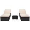 Outdoor Garden 3 Piece Wicker Patio Chaise Lounge Set Adjustable PE Rattan Reclining Chairs with Cushions and Side Table.