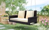 GO 2-Person Wicker Hanging Porch Swing with Chains; Cushion; Pillow; Rattan Swing Bench for Garden; Backyard; Pond. (Brown Wicker; Beige Cushion)