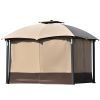 10ft W*12ft L Outdoor Double Vents Gazebo Patio Metal Canopy with Screen and LED Lights for Backyard; Poolside; Brown