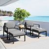 Outdoor Patio 5-piece Aluminum Alloy Conversation Set Sofa Set with Coffee Table and Stools for Poolside; Garden; Black Frame+Gray Cushion