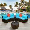 4-Piece Patio Furniture Sets; Outdoor Half-Moon Sectional Furniture Wicker Sofa Set with Two Pillows and Coffee Table; Blue Cushions+Brown Wicker