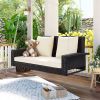 GO 2-Person Wicker Hanging Porch Swing with Chains; Cushion; Pillow; Rattan Swing Bench for Garden; Backyard; Pond. (Brown Wicker; Beige Cushion)