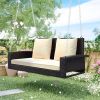 GO 2-Person Wicker Hanging Porch Swing with Chains; Cushion; Pillow; Rattan Swing Bench for Garden; Backyard; Pond. (Brown Wicker; Beige Cushion)