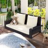 GO 2-Person Wicker Hanging Porch Swing with Chains; Cushion; Pillow; Rattan Swing Bench for Garden; Backyard; Pond. (Brown Wicker; Beige Cushion)