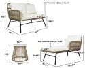 3PCS Outdoor Patio Balcony L Shape Natural Color PE Wicker Sofa Set with Beige Cushion; Round Tempered Glass Table and Furniture Cover