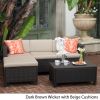 Lorita Outdoor 5-piece Dark Brown Wicker Sectional Sofa Set with Beige Cushions