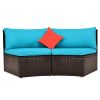 4-Piece Patio Furniture Sets; Outdoor Half-Moon Sectional Furniture Wicker Sofa Set with Two Pillows and Coffee Table; Blue Cushions+Brown Wicker