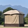 10ft W*12ft L Outdoor Double Vents Gazebo Patio Metal Canopy with Screen and LED Lights for Backyard; Poolside; Brown