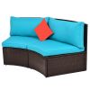 4-Piece Patio Furniture Sets; Outdoor Half-Moon Sectional Furniture Wicker Sofa Set with Two Pillows and Coffee Table; Blue Cushions+Brown Wicker