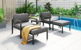 Outdoor Patio 5-piece Aluminum Alloy Conversation Set Sofa Set with Coffee Table and Stools for Poolside; Garden; Black Frame+Gray Cushion