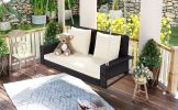 GO 2-Person Wicker Hanging Porch Swing with Chains; Cushion; Pillow; Rattan Swing Bench for Garden; Backyard; Pond. (Brown Wicker; Beige Cushion)