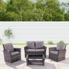 4 Pieces Outdoor Patio Furniture Sets Garden Rattan Chair Wicker Set;  Poolside Lawn Chairs with Tempered Glass Coffee Table Porch Furniture