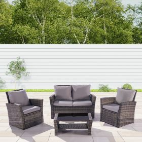 4 Pieces Outdoor Patio Furniture Sets Garden Rattan Chair Wicker Set;  Poolside Lawn Chairs with Tempered Glass Coffee Table Porch Furniture (Color: Dark Gray)