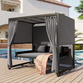 [VIDEO provided]U_Style 2-3 People Outdoor Swing Bed; Adjustable Curtains; Suitable For Balconies;  Gardens And Other Places (Color: Dark Gray)