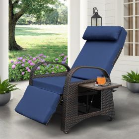 Outdoor Wicker Recliner with Flip Table;  Adjustable Push Back Rattan Reclining Lounge Chair with Footrest (Color: Navy blue)