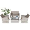 Patio Furniture 4 Pieces Conversation Sets Outdoor Wicker Rattan Chairs Garden Backyard Balcony Porch Poolside loveseat with Glass Coffee Table; Grey