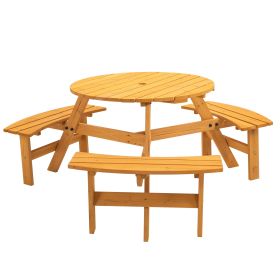 6-Person Circular Outdoor Wooden Picnic Table with 3 Built-in Benches;  for Patio Backyard Garden;  DIY;  1720lb Capacity;  Natural/Gray (Color: natural)