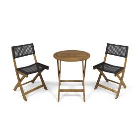 Truda Outdoor Acacia Wood Wicker Foldable Bistro Set with Chairs and Table (Color: as Pic)