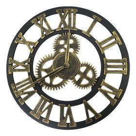 Large Gear Wall Clock Roman Numbers 3D Big Dial Wooden Industrial Steampunk Retro Outdoor Garden Decor; 12"/16"/23" (Color: Gold, size: 12"(Diameter))