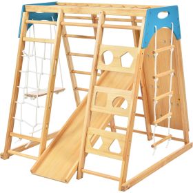 Wooden Indoor Kids Playground Jungle Gym with Slide; Toddlers Wooden Climber 8-in-1 Slide Playset; Wooden Rock Climbing Wall with Rope Wall Climb; Mon (Color: natural)