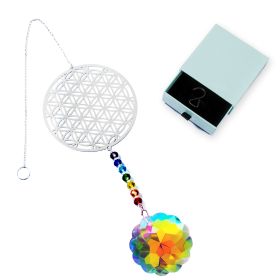 Flower of Life Suncatcher, Silver Hanging Crystal Wind Chimes, Tree of Life Chakra Crystal Glass Angel Sun Catcher with Iris Effect for Home Garden De (Theme: Flower of Life)