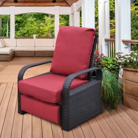 Outdoor Recliner Chair;  Automatic Adjustable Wicker Lounge Recliner Chair with 5.12'' Thicken Cushion (Material: Brown Wicker, Color: Red)