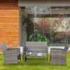 Patio Furniture 4 Pieces Conversation Sets Outdoor Wicker Rattan Chairs Garden Backyard Balcony Porch Poolside loveseat with Glass Coffee Table; Grey