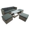 Patio Furniture Sets;  5-Piece Patio Wicker Sofa with Adustable Backrest;  Cushions;  Ottomans and Lift Top Coffee Table