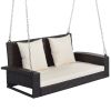 2-Person Wicker Hanging Porch Swing with Chains;  Cushion;  Pillow;  Rattan Swing Bench for Garden;  Backyard;  Pond.