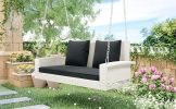 2-Person Wicker Hanging Porch Swing with Chains;  Cushion;  Pillow;  Rattan Swing Bench for Garden;  Backyard;  Pond.