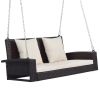 2-Person Wicker Hanging Porch Swing with Chains;  Cushion;  Pillow;  Rattan Swing Bench for Garden;  Backyard;  Pond.