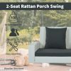 2-Person Wicker Hanging Porch Swing with Chains; Cushion; Pillow; Rattan Swing Bench for Garden; Backyard; Pond. (Brown Wicker; Beige Cushion)