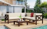 Outdoor Wood Patio Backyard 4-Piece Sectional Seating Group with Cushions and Table X-Back Sofa Set for Small Places