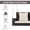 2-Person Wicker Hanging Porch Swing with Chains;  Cushion;  Pillow;  Rattan Swing Bench for Garden;  Backyard;  Pond.